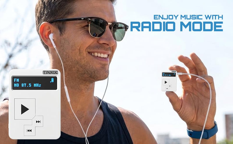 AM FM Mini Radio: Weight 27 Grams, Watch Size, Rechargeable USB, Personal Pocket Radio, OLED Screen, Clip, Button Lock, Digital Tuning, Timer, Stereo Headphones - FA298-WA white Modern