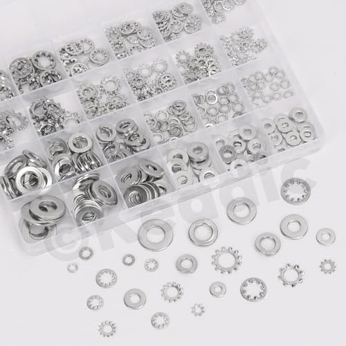 Keadic 400Pcs Split Lock Washer & External & Internal Star Washers and Flat Washer Assortment Kit, 304 Stainless Steel Spring Lock Washers Set- #6,#8,#10,1/4" 5/16" 3/8"(Imperial) Imperial