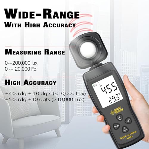 Digital Light Meter, Backlit LCD Display Lux/Foot Candles Meter with 180º Rotating Sensor, Range up to 200,000 Lux Luxmeter,for Photography Plants Lighting Intensity Brightness Measurement Black