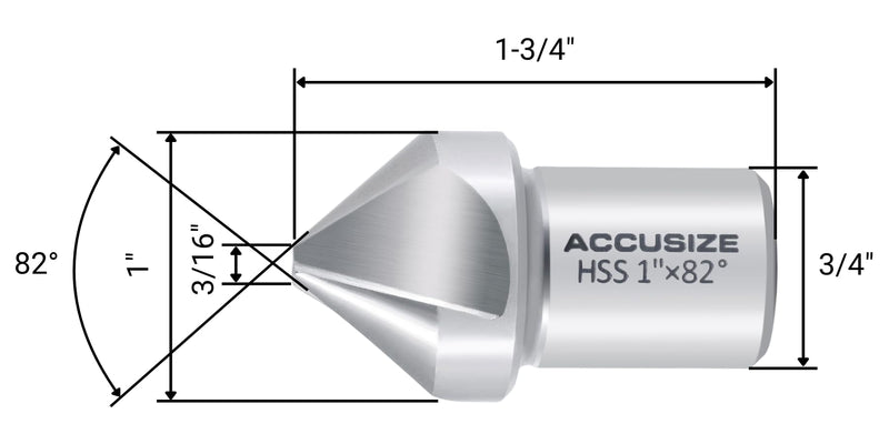 Accusize Industrial Tools HSS Countersink, 1", 82°, CE82-0001 | 1" Dia, 3/4" Weldon Shank, 3-Flute HSS, for Rota-Cutter 1", 82°