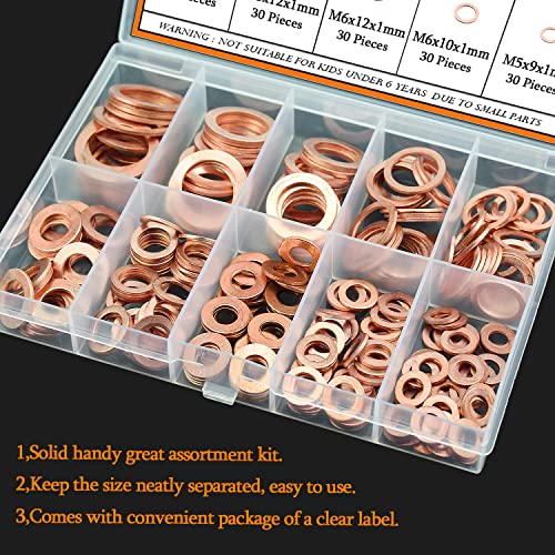 220 Pieces Copper Washers, HELIFOUNER 10 Sizes Copper Metric Sealing Washers, Flat Washers Assortment Kit (M5 M6 M8 M10 M12 M14 M16)