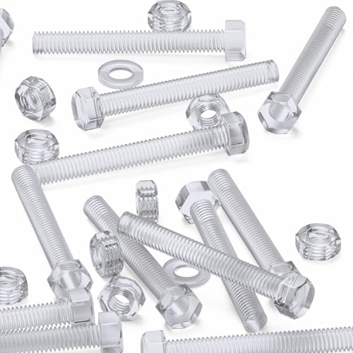 Pack of 30 Transparent Clear Plastic Acrylic M6 x 50mm Nuts & Bolts, Acrylic Plastic Screws, Hexagon Head, 15/64 x 1 31/32