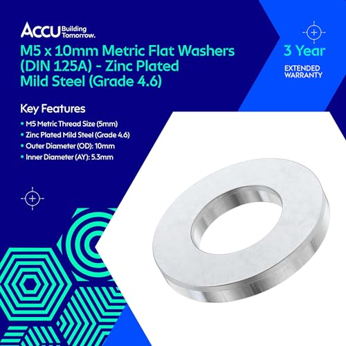 Accu - M5 x 10mm Metric Flat Washers (DIN 125A) - Zinc Plated Mild Steel (Grade 4.6) (Pack of 200)