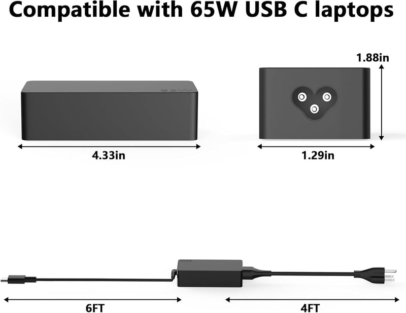 Replacement for 65W Lenovo Laptop Charger USB C | for Lenovo ThinkPad X1 X13 T14 T15 E14 E15 T480s T580s T490 E480, Yoga 7i 9i, Thinkbook 13s 14 15 16 Plus G4 Power Adapter