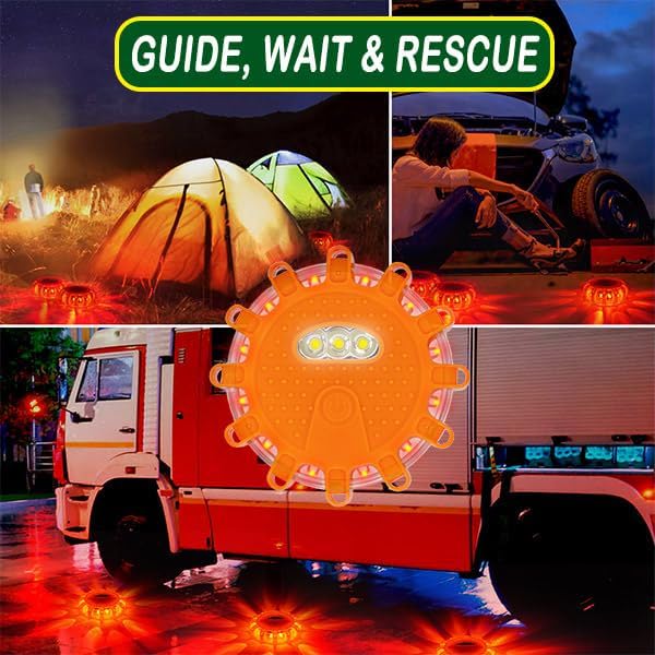 GP904 LED Road Flares Emergency Light Kit, 9 Glow Modes Strong Magnet Hang Hook for Holiday Gift, Road Emergency Rescue Search Better Protect Life Safety (4Pack Batteries not Included) Battery-4pack