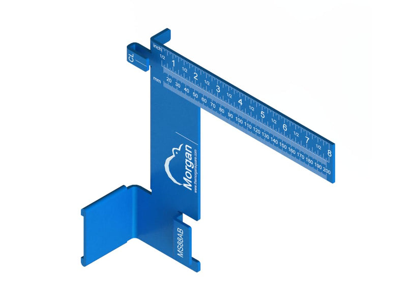 Kiwi Vision® Morgan™ Square Blue 8-inch: Single Motion Measuring & Marking, Centerline Mark, Tongue is 1 1/2, Pencil Holder, 1 1/2 Mark for Openings, Imperial and Metrics, Standard Tape Measure Mount Blue Aluminum