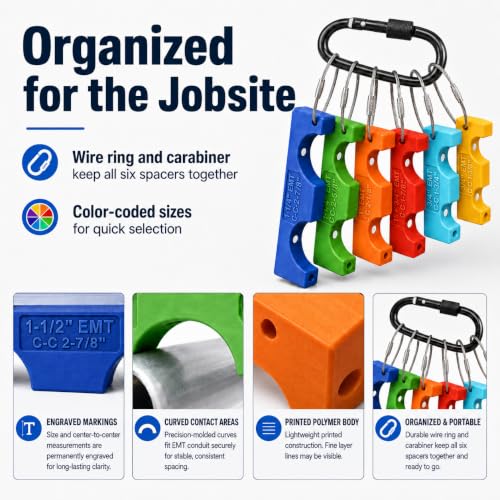 6 Piece Magnetic EMT Conduit Spacer Set, Color-Coded Electrical Conduit Spacers for 1/2, 3/4, 1, 1-1/4, 1-1/2 in EMT tools, Electrician Tools for Pipe Spacing and stud spacer framing