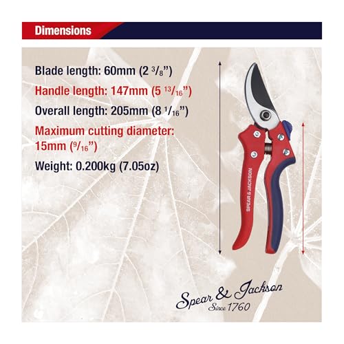 Spear & Jackson Razorsharp Bypass Pruning Shears, SK5 Carbon Steel Blades, Coated for Corrosion Resistance, Ergonomic Handles for Comfortable Use Bypass Pruner