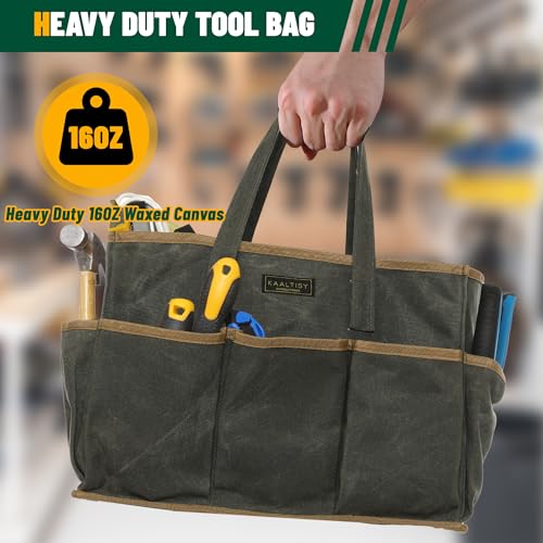 Tool Tote Bag, Heavy Duty 16oz Waxed Canvas Garden Tool Bag | Portable 11-Pocket Tool Storage Bag for Gardener Electrician Contractor Repairman (14"L x 5.5"W x 10.5"H) – Army Green ArmyGreen