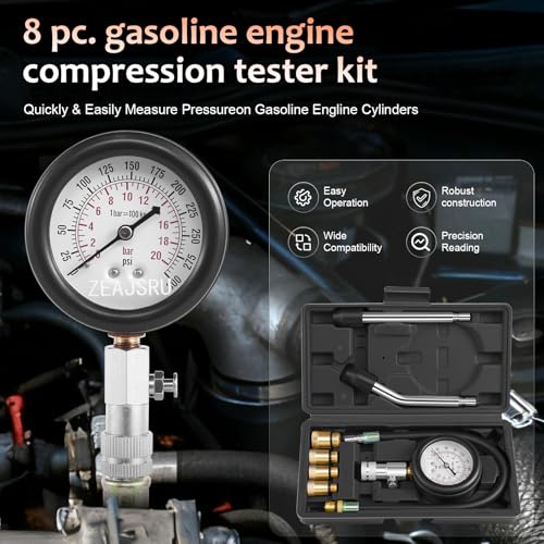 Engine Compression Tester Kit 8PCS, 0-300 PSI Cylinder Pressure Test Tool for Gasoline Engines on Cars, Motorcycles, ATVs & Small Engines with Dual Scale Gauge and Adapters (Black-8PC) Black-8PC