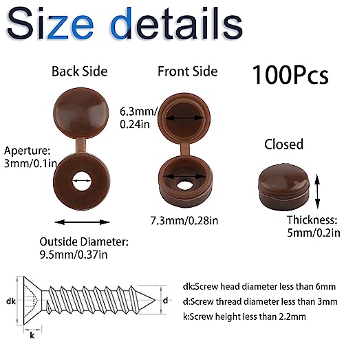 INCREWAY Screw Covers, 100pcs Plastic Screw Cap Dark Brown Assortment Set Hinged Fold Over Caps Rubber Dust Washer Flip M3