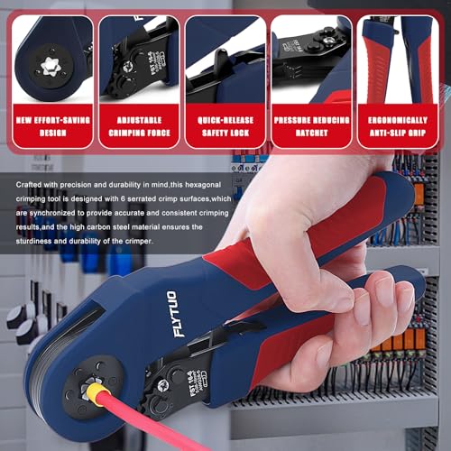 Hexagonal Ferrule Crimping Tool Set, 6 Sides Labor-Saving Crimp Pliers 0.05-16mm²(AWG 28-5), New Designed Self-Adjustable Ratchet Crimping Tool for Cable End Sleeves and Wire Ferrules FST 16-6