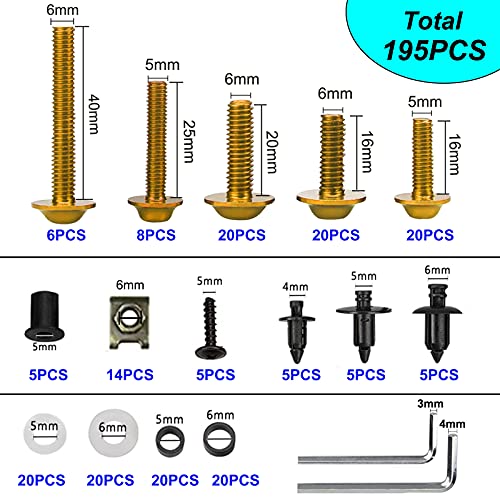 Upgraded 195PCS Motorcycle Fairing Bolt Kit Screws Fasteners Clips for CBR 600RR 1000RR CBR600 F3 F4 F4i Suzuki GSXR 600 750 1000 (Gold) gold