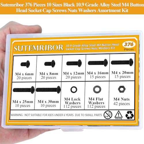 376 Pieces M4 Screws Nuts Washers Set Black, Sutemribor M4 x 6/8/12/16/20/25/30mm Button Head Socket Cap Screws Nuts Washers Assortment Kit, 10.9 Grade Alloy Steel, Fully Threaded