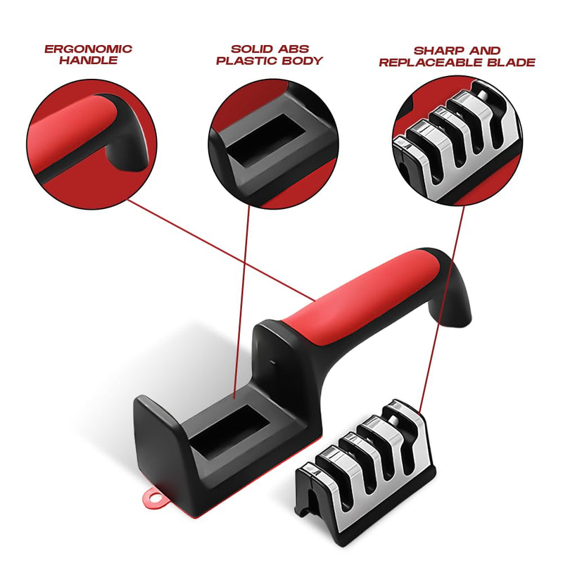 Premium 4-in-1 Knife Sharpening Kit, Kitchen knife sharpener with Anti-Cut Gloves and Extra Sharpening Blade, Red and Black, Professional Grade Kitchen Tool Set