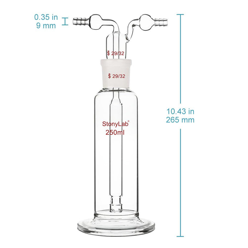 stonylab Drechsel Bottle for Gas Washing, Borosilicate Glass Gas Washing Bottle with Standard 29/32 Joint and 8 mm Serrated Hose, 250 ml 8.5 Ounces