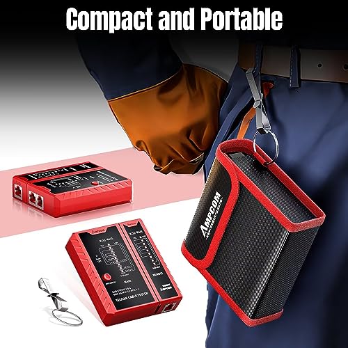 AMPCOM Network Cable Tester RJ45 for LAN & TEL Continuity of RJ45/11/12 CAT5E CAT6 CAT7 UTP & STP Shielded Ethernet Wires Test Tool - W/Carrying Bag - Red