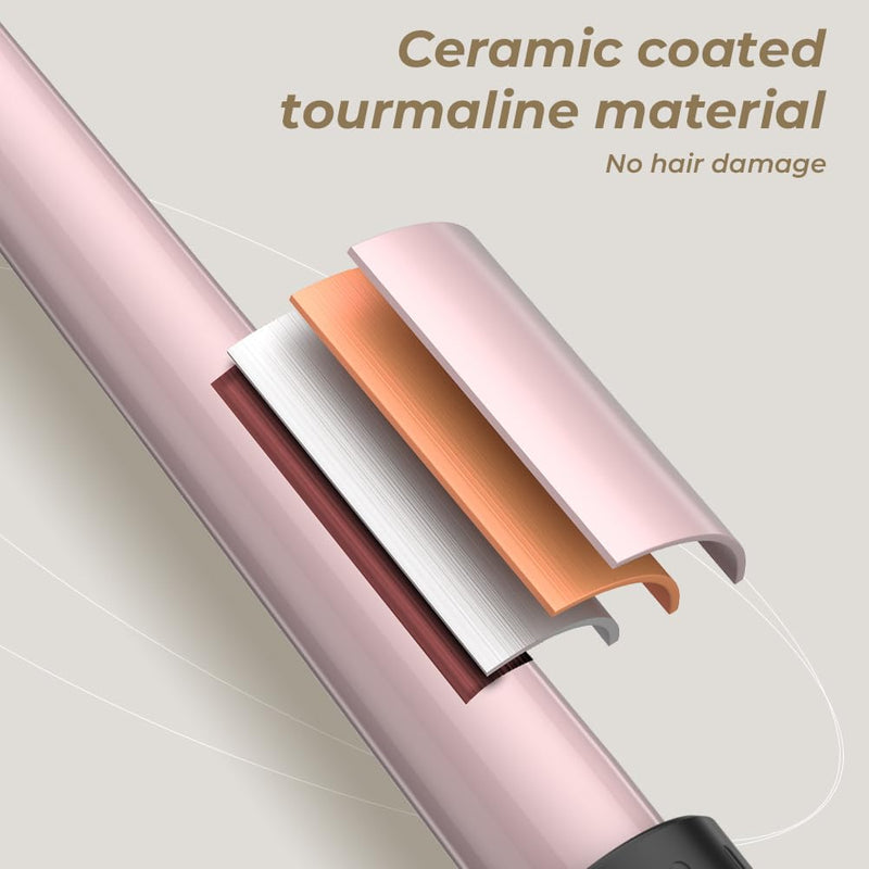 Hair Curling Wand Iron Tongs with Anti-Scald Head, 5 in 1 Hair Curler for Long Hair 10mm-32mm with 2 Crocodile Clips 1 Anti-Scald Silicone Gloves, PTC Ceramic LCD 180°C & 210°C Pink