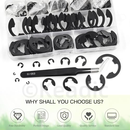 Keadic 211Pcs 14 Sizes E-Clip Assortment Set, M1.5/M2/M3/M4/M5/M6/M7/M8/M9/M10/M12/M15/M19/M22 Alloy Steel Circlip External Retaining Ring Kit Alloy Steel-black