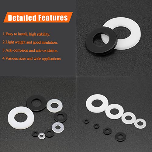HELIFOUNER 1200 Pieces 8 Sizes White Nylon Flat Washers and Black Nylon Flat Washers Assortment Kit - M2 M2.5 M3 M4 M5 M6 M8 M10 White + Black