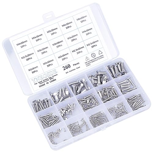 Flat Head Socket Cap Screws Countersunk Bolts M2 M2.5 M3 M4 M5 M6 Metric Screw Bolt Assortment 304 Stainless Steel Metric Machine Screws, Allen Socket Drive, Fully Threaded 260 Pieces