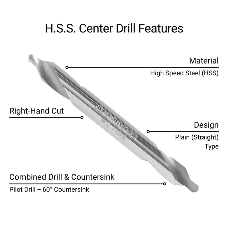 Accusize #2 HSS Center Drill, 0530-0200x10 | No.2, 3/16" x 5/64" x 1-7/8", 10 Pcs Pack, H.S.S. Center Drill Bits NO.2, 3/16" x 5/64" x 1-7/8", 10 pc