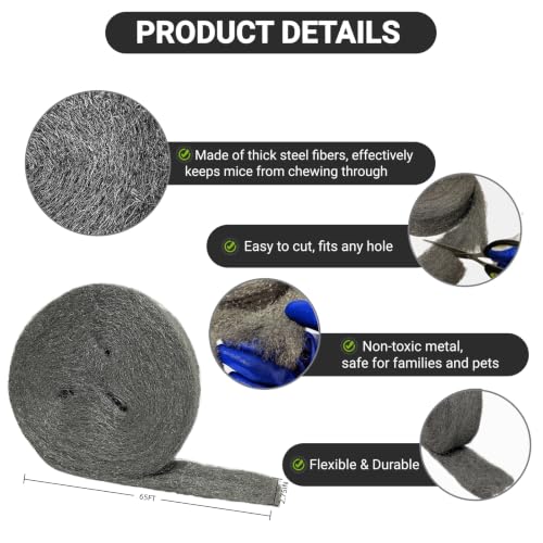 Steel Wool Mice Control, #1 Coarse Steel Wool 65Ft(1.1lb), Mouse Hole Filler DIY Kit Includes Gloves & Scissors for Home & Garage, Wall, Garden, Medium Grade