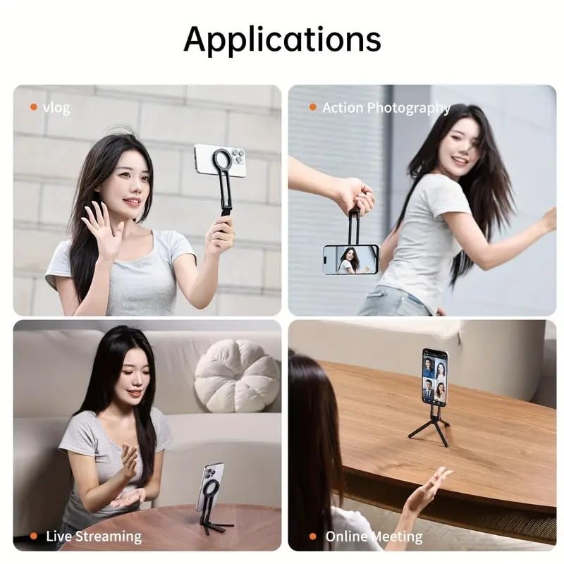 Universal Magnetic Phone Tripod, 360° Rotatable Multi-Angle Stand with Spring Buckle Clip, Compact Travel Vlog Selfie Stick for iPhone/Android/Samsung - Black