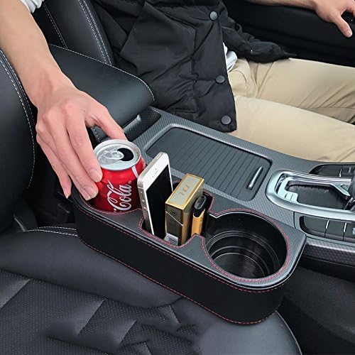 Car Cup Holder, Auto Cup Drink Holders，Multifunctional Auto Front Seat Organizer with PU Leather Cover, Gap Filler Storage Box Coin Bucket Console Side Pocket Cell Mobile Phone Holder (Black) Black