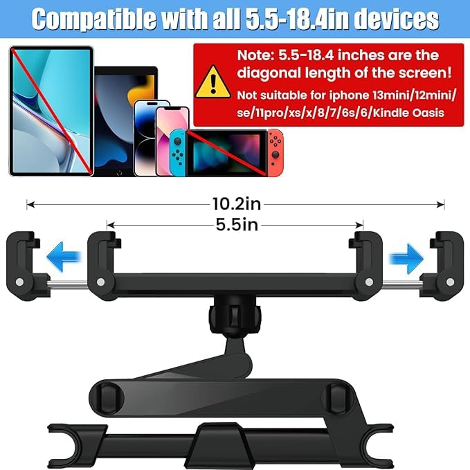 Universal Car Headrest Tablet Mount for iPad Tablets, Nintendo Switch, iPhone, Smartphones, Compatible w/ 4.5"-10" Device, 360° Rotation, Easy Installation, Black