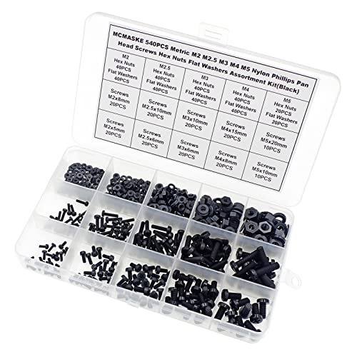 540PCS M2-M5 Black Nylon Phillips Pan Head Screws Nuts Washers Kit M2, M2.5, M3, M4, M5