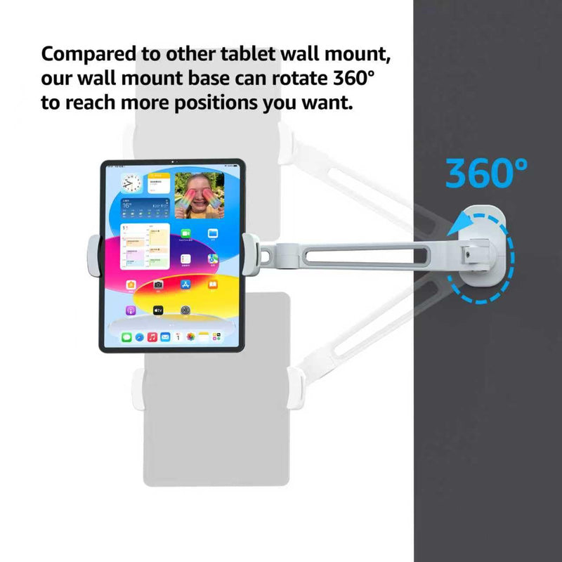 Tablet Wall Mount,iPad Wall Mount Holder Suit for 4.7-12.9Inch Tablets, Aluminum Alloy,360°Swivel Base,Flexible Angle Adjustable, Tablet Mount (White) White