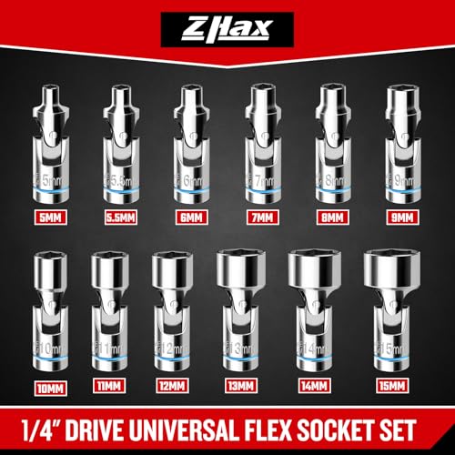 ZHAX 12-Piece 1/4” Drive Universal Flex Socket Set, 6-Point Metric (5-15mm) Swivel Joint With CR-V Steel for Tight Spaces