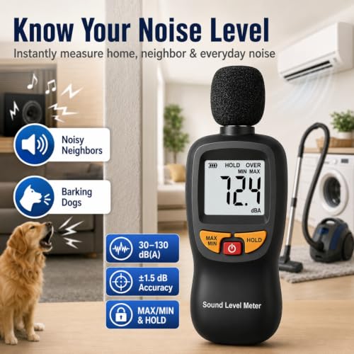 Decibel Meter, Digital Sound Level Meter 30-130dB A-Weighted