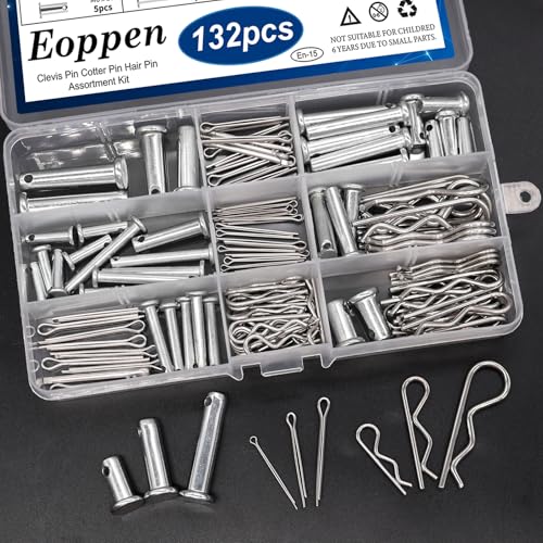132Pcs Clevis Pin Cotter Pin Hair Pin Assortment Kit - 304 Stainless Steel 15 Sizes Cotter Pin & R Clips Pin Zinc-Plated Single Hole Flat Head Clevis Pins 132Pcs - 15 Sizes