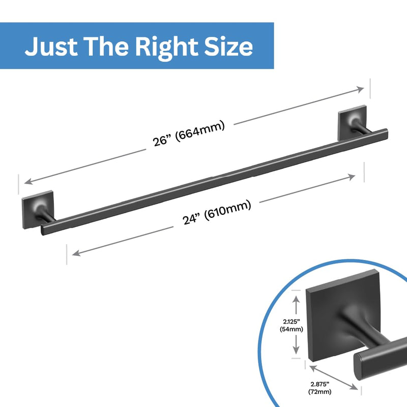 Gatco 5580MX Waterline Towel Bar, 24 Inch Wall Mounted Bathroom Towel Holder, Modern Matte Black Bath Towel Rack