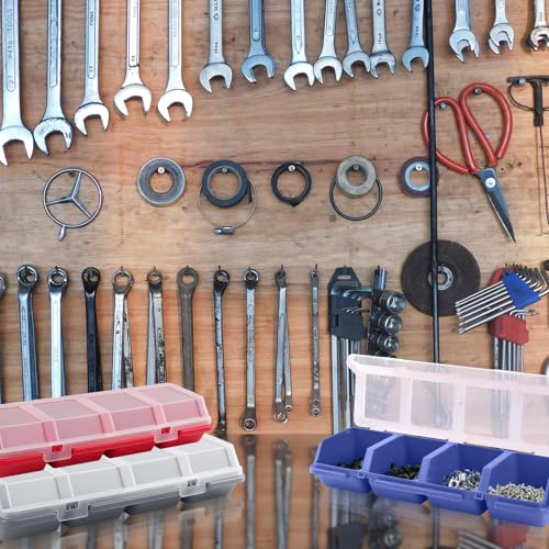  [AUSTRALIA] - 4 Pack Screw Organizer Box with Lids, 4 Compartments Tool Bin Stackable Sorting Screw Toolbox for Garage Nails Hardware Workbench Organizing Storage, Blue & Red & Black & Grey