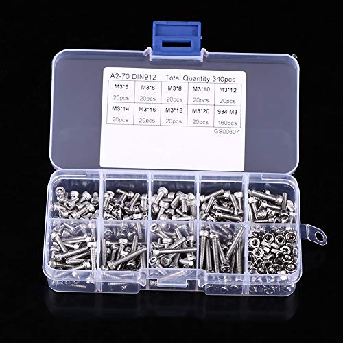 340Pcs 304 Stainless Steel Hex Socket Head Screws Bolts Nuts Assortment Kit with Storage Box, M3 x 5/6/8/10/12/14/16/18/20mm, Combination Screw
