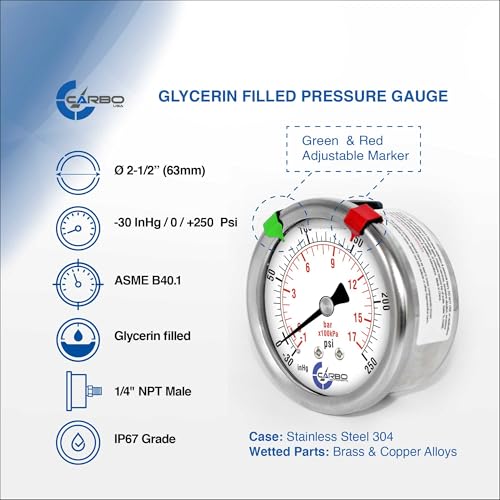 Compound Pressure Gauge -30 inHg to 250 PSI, Liquid Filled, 2.5" Dial, 1/4 NPT Back Mount, 304 Stainless Steel Case, Brass Wetted Parts, Dual Scale PSI/inHg - ASME B40.1 Grade A STANDARD