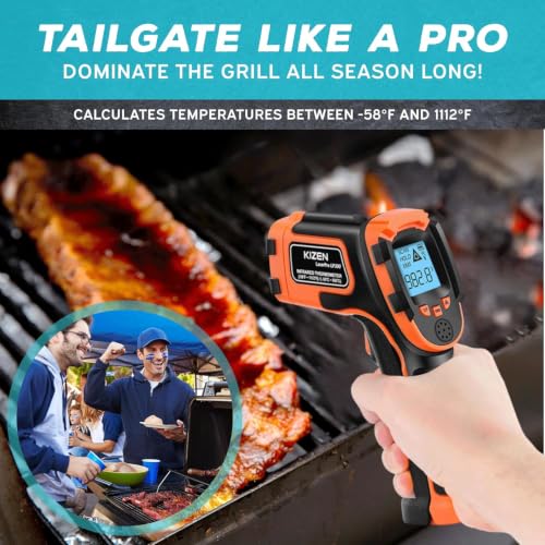 Kizen Infrared Temperature Gun - Handheld Surface Infrared Thermometer for Griddle, Grill, Pizza Oven, Candy, & A/C - Laser Thermometer Gun -58F to 1112F - Surface Temp Gun Orange