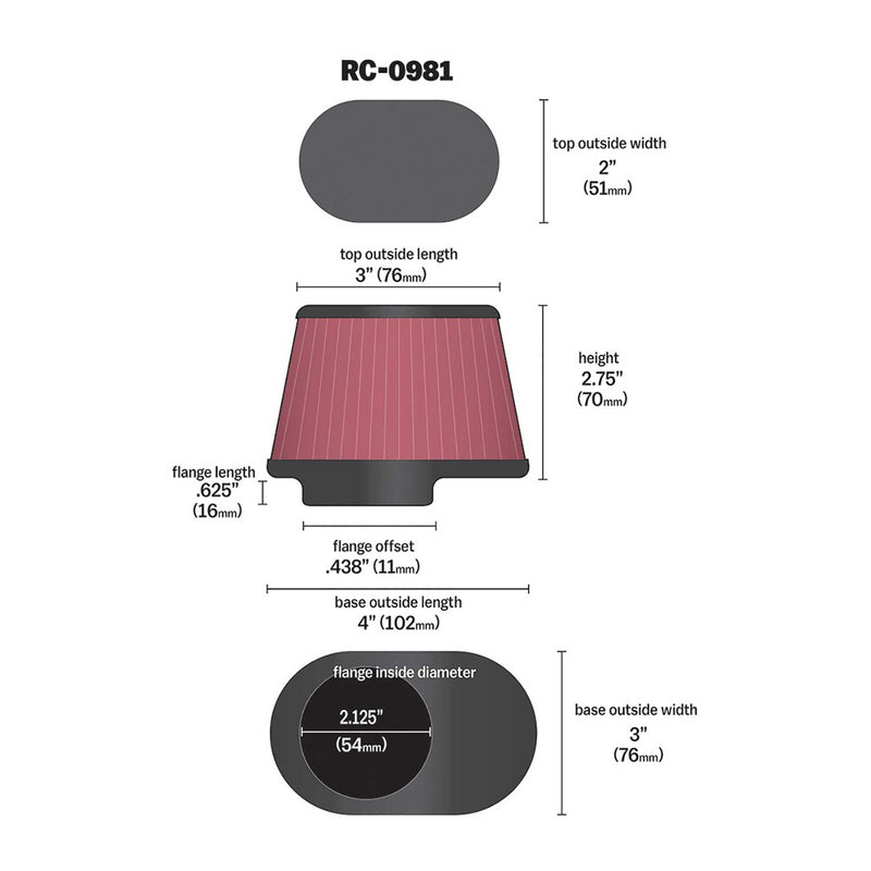K&N Universal Clamp-On Air Intake Filter: High Performance, Premium, Replacement Air Filter: Flange Diameter: 2.125 In, Filter Height: 2.75 In, Flange L: 0.625 In, Shape: Oval Straight, RC-0981, Black