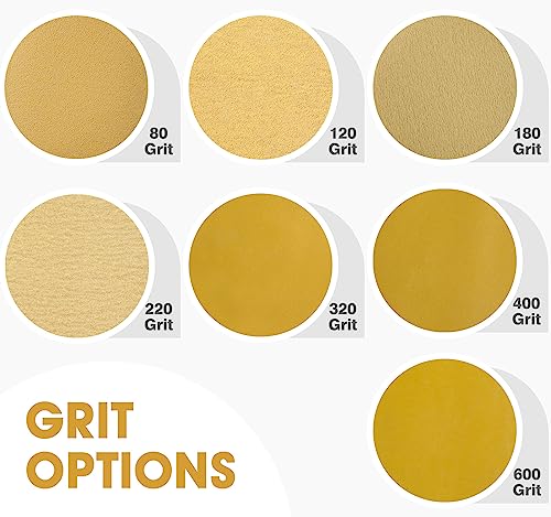 CowboyBOB 100 PCS 6 Inch Gold PSA Sanding Discs 600 Grit Self Adhesive Sticky-Back Sandpaper Roll for DA Sander Automotive Car Paint Woodworking Wood Metal Finishing 100 PCS 600Grit