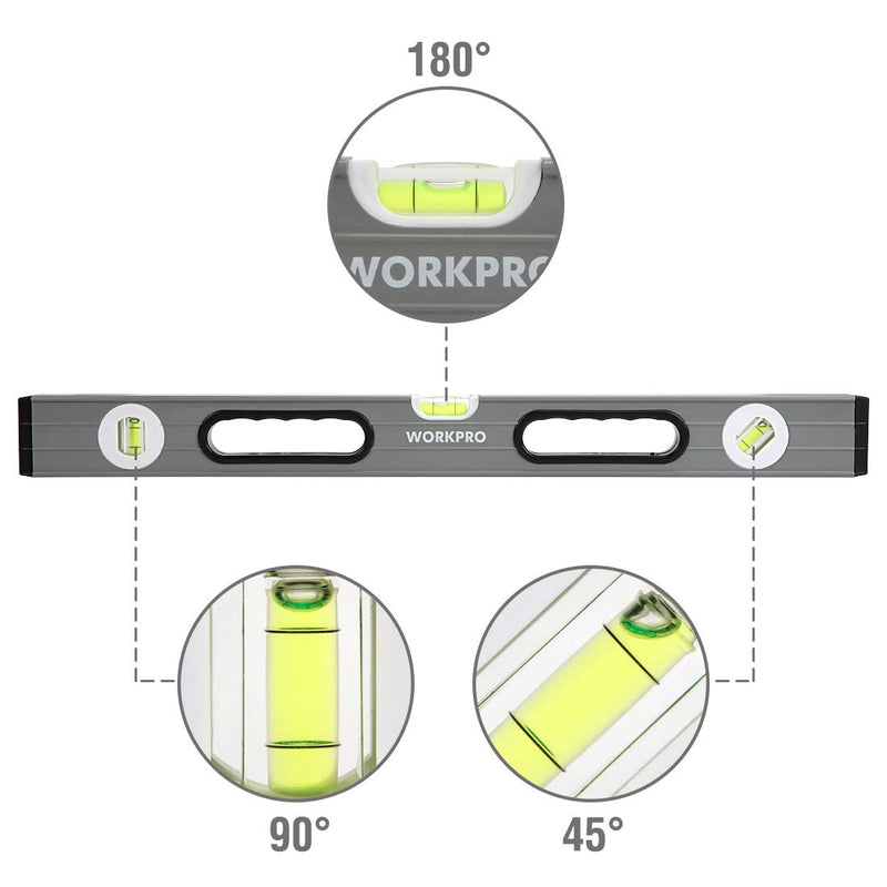 WORKPRO Torpedo Level, 3-Piece Spirit Level Set, 9"(Magnetic), 16"(Non-magnetic), 24"(Non-magnetic), Bubbles Measuring, Clear