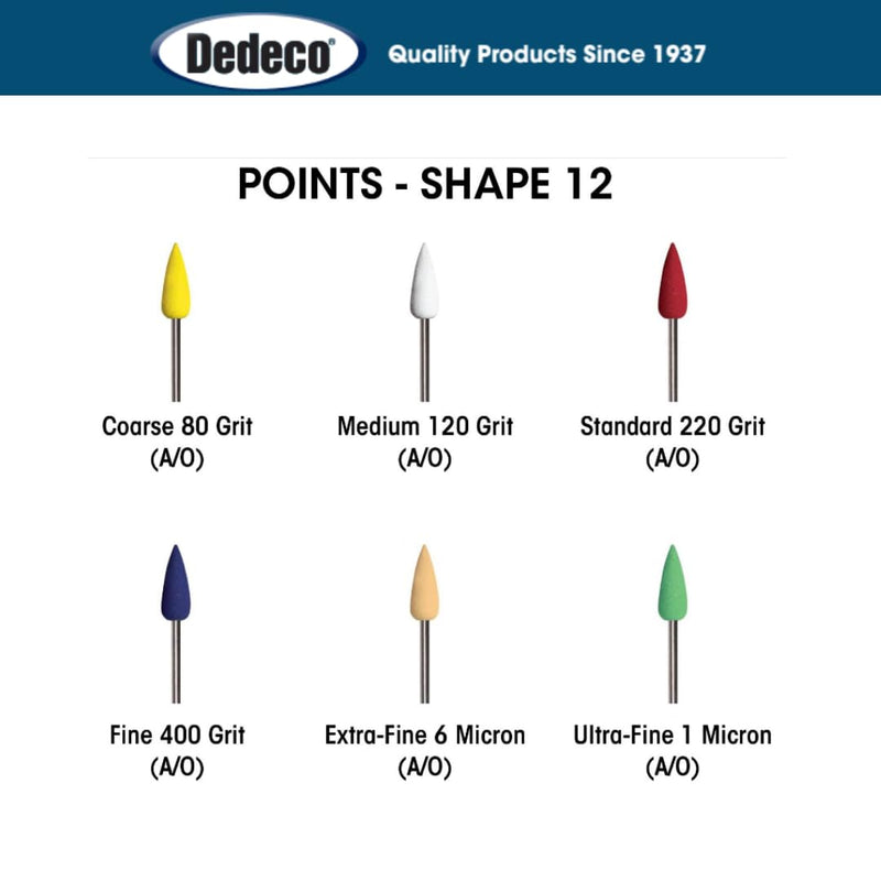 Dedeco Sunburst - 3/32” (2.35 mm) Shank Points - Precision Thermoplastic Rotary Cleaning, Deburring, and Polishing Tool Set, 18 3/32" Shanks - 3x 6 Grits, Shapes 12, 14, and 15