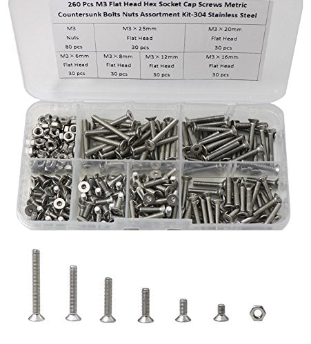 M3 Hex Socket Flat Head Screws with Nuts, 304 Stainless Steel, 260Pcs