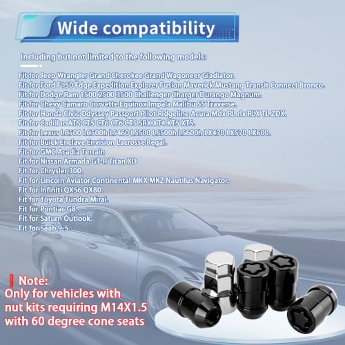 Wheel Locks Lug Nuts M14 x 1.5 Fit for Acura MDX Cadillac Escalade Ford Explorer Chevrolet Silverado Toyota Tundra Dodge RAM and More, 13/16" Hex Black Cone Seat Wheel Locks(Total Length 37mm)