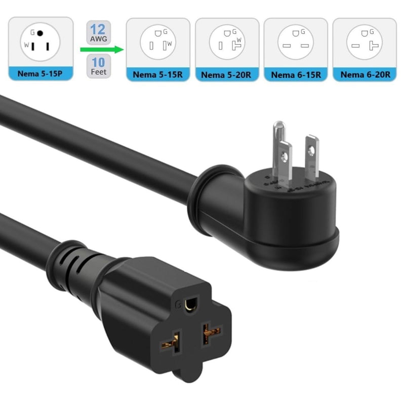 10Ft 12AWG Heavy Duty Right-Angle 15 Amp Household Plug to 20-Amp Extension-Cord, Nema 5-15P to 5-15R,5-20R,6-15R,6-20R T Blade 20Amp to 15Amp 90-Degree Extension Cable,125V 15A to 20A AC Power Cord