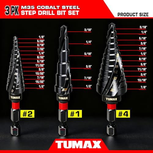 3Pcs M35 Cobalt Step Drill Bit Set, TiAlN Coated, 1/4" Hex, 1/8-7/8" 3 PCS M35 Cobalt Step Drill Bit Set