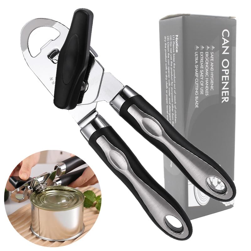 2025 Upgrade 3-in-1 Manual Can Opener with Bottle Opener & Milk Powder Opener, Effortless Operation, Soft Grip Handles, Easy to Turn, Heavy Duty Can Openers for Seniors - Remove Lid with Magnet, Black