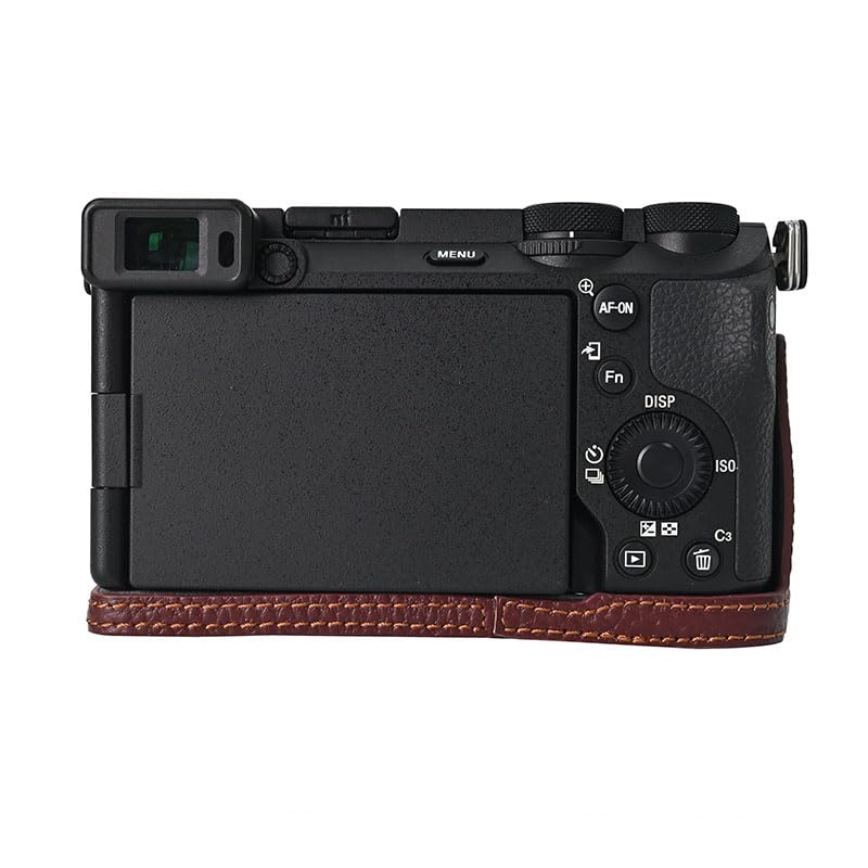 A6700 Case, BMAOLLONGB Handmade Litchi Genuine Real Leather Half Camera Case Bag Cover for Sony Alpha A6700 Bottom Opening Version + Hand Strap (Coffee) Coffee